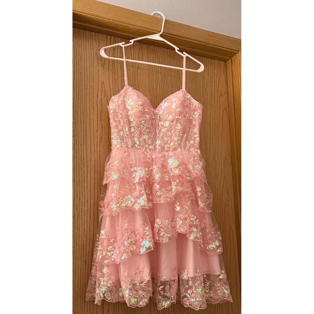 Stacees Blushing Pink Sequin Tiered Mini Dress Sweetheart Homecoming Prom